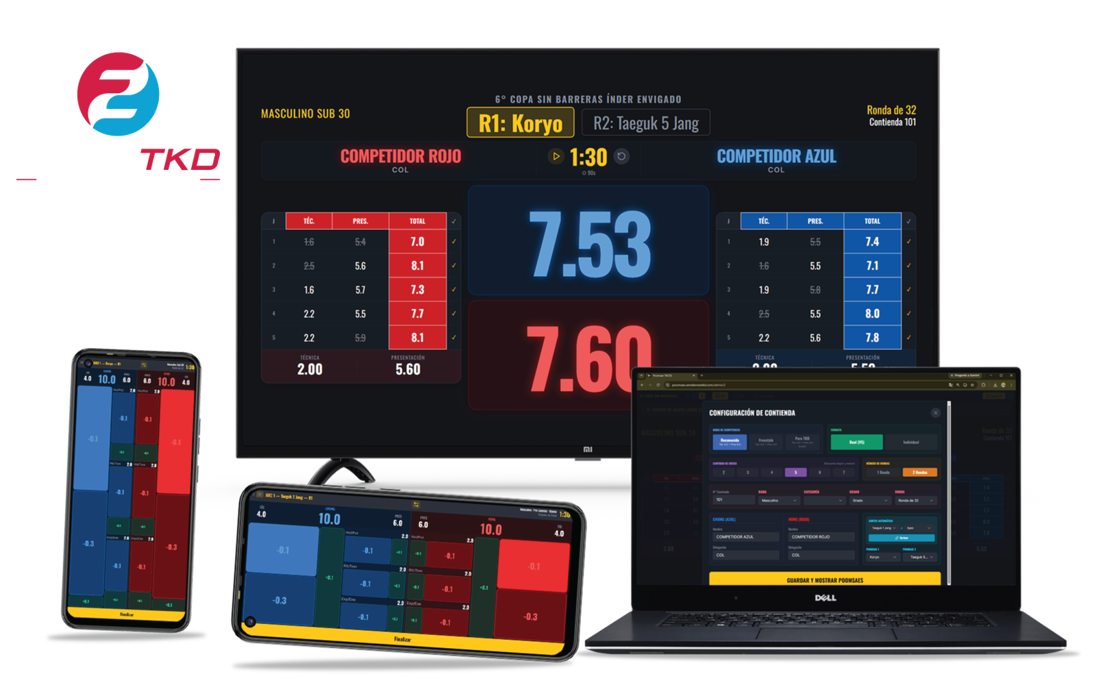 Sistema Poomsae: mesa principal, pantalla de resultados y vista para jueces