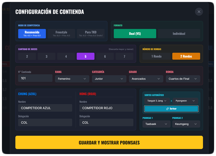 Vista de configuración de contienda en la Mesa Principal